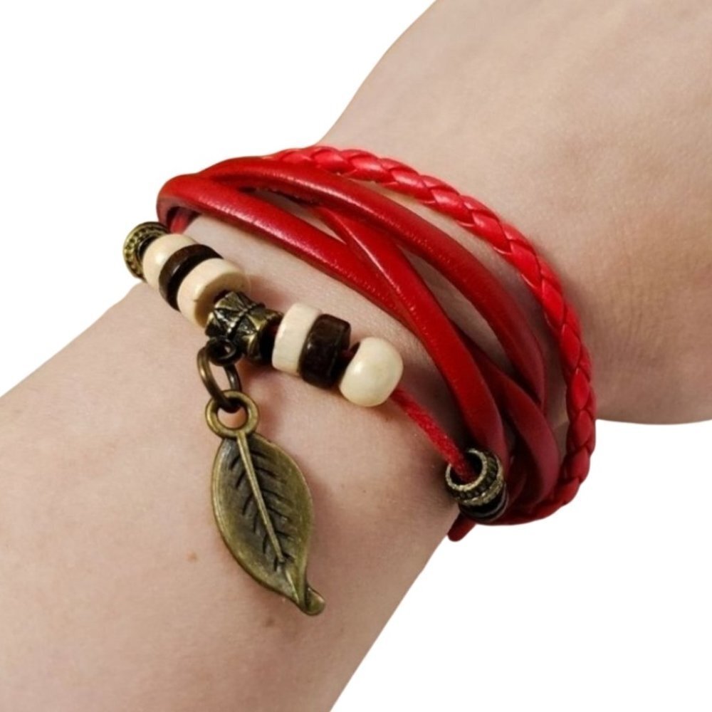 3/$20 Red Faux Leather Fashion Stack Bracelet Jewelry Rustic Leaf Boho Retro
